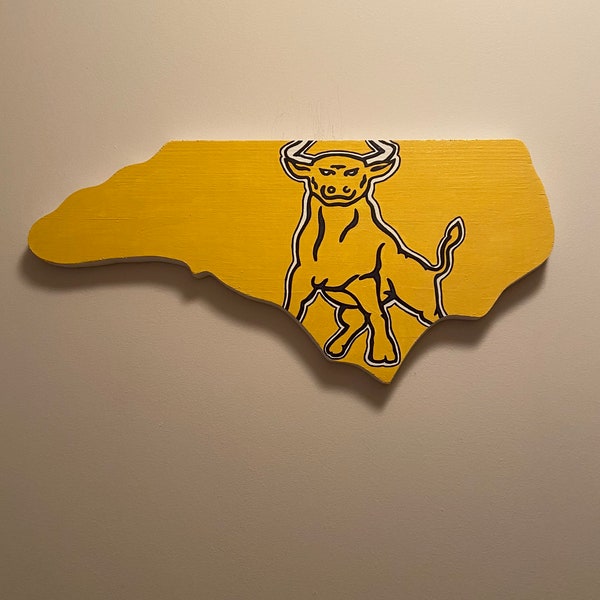 Handpainted Johnson C Smith - Golden Bulls wooden sign in the shape of North Carolina   cut out wall sign, comes with hook for hanging.