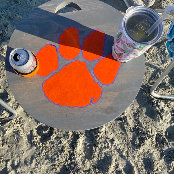 Portable Beach Table handpainted - grey stained - Clemson Tiger Paw