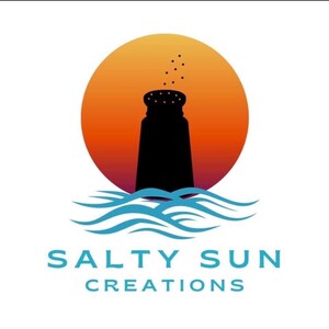 May include: Logo for Salty Sun Creations. The logo features a black silhouette of a salt shaker against a gradient orange and yellow sun. Below the sun are blue waves, and the text "SALTY SUN CREATIONS" in teal.