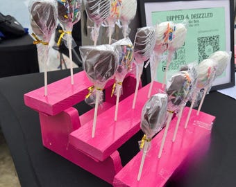 cake pop display stands- 11x5 x 5 in size. hole size 5/32. made of wood, can be painted any color.