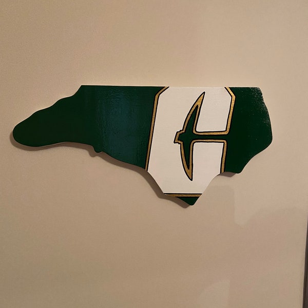 UNC-C  cut out wall sign- North Carolina shape Handpainted , comes with hook for hanging.