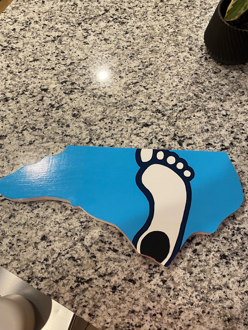 May include: A blue and white wooden cutout of the state of North Carolina with a white footprint in the shape of the state. The footprint has a black heel.