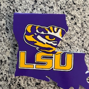 LSU hand painted Wooden sign, cut into the shape of Louisiana.