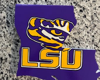 LSU hand painted Wooden sign, cut into the shape of Louisiana.