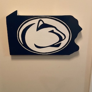 Penn State Nittany Lions - hand painted  - wooden sign in the shape of Pennsylvania.   cut out wall sign, comes with hook for hanging.
