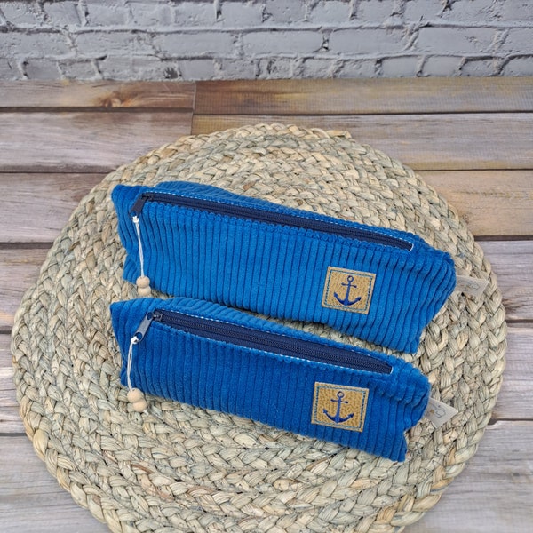 Stiftemäppchen Cord, Schminktasche, kleine Tasche aus Cord, blau, Anker