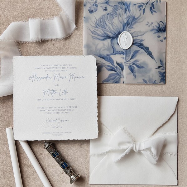 Blaue Hochzeitseinladung, luxuriöse Hochzeitseinladung aus handgeschöpftem Papier, zeitlose Hochzeitseinladung, Hochzeitseinladung aus Amalfipapier