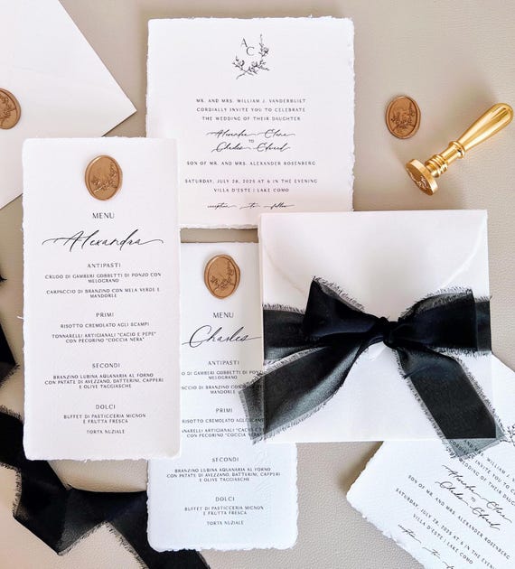 Elegant Wedding Invitation, Luxury Handmade Paper Wedding Invite, Menu Place Cards, Amalfi Paper Wedding stationery