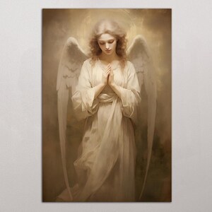 Guardian angel canvas wall art Catholic wall decor Modern christian art AI art Angel painting print Beige christian wall art Housewarming gift