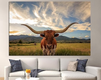 Longhorn cow canvas wall art Texas Western bull print Farmhouse decor
