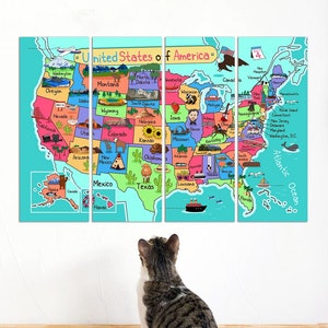 Carte illustrée pour enfants, art mural en toile, décoration de salle de classe, art mural, carte des États-Unis, impression éducative, carte des États-Unis colorée, cadeau de pendaison de crémaillère pour enfants