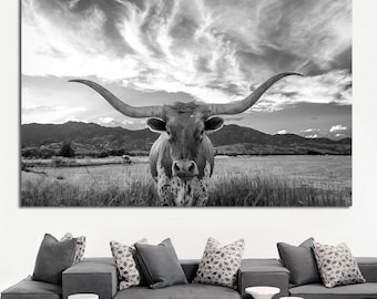 Texas Longhorn canvas wall art Farmhouse cottage decor Cow Black and white print