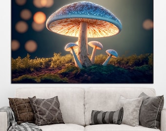 May include: A canvas print depicting a luminous mushroom with a large, blue-topped cap and several smaller mushrooms. The artwork has a fantasy theme, with a warm light emanating from the mushroom's underside. The background is dark with bokeh.
