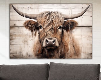 Cute Highland cow canvas wall art Farmhouse decor Western rustic animal print