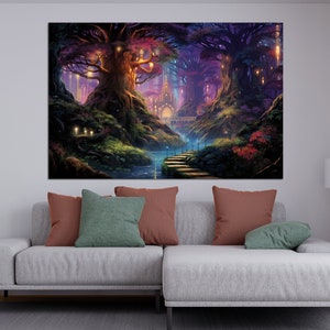 Fantasy Forest Wall Art Magical Trees Canvas Print Woodland Colorful Night Landscape Kids Room Wall Decor Fairy Trees Canvas Art