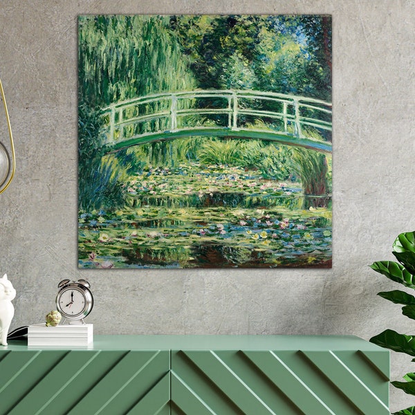 Claude Monet Water Lilies canvas wall art Above bed decor Sage green wall art Japanese Bridge print canvas Zen wall art Housewarming gift
