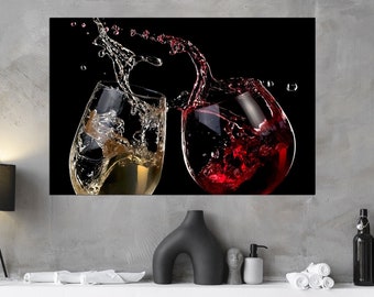 May include: Two wine glasses clinking together, one filled with white wine and the other with red wine, against a black background. The wine is splashing out of the glasses.