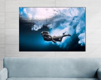 Swimming Girl Ocean Wall Art Underwater Life Diving Canvas Print Swimmer Coastal Decor Seascape Beach House Decor Sea Wave Dive Art