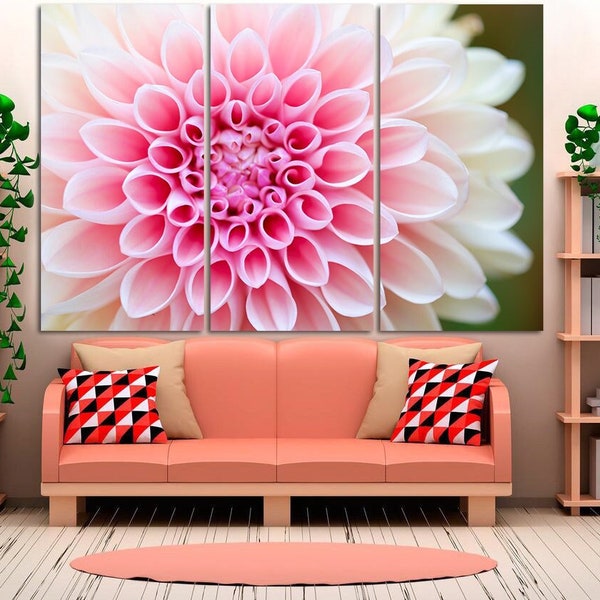 Pink Dahlia Flower Canvas Wall Art Macro Floral Canvas Print Modern Coquette Room Decor Multi Panel Artwork Aesthetic Wall Art Nature Photo