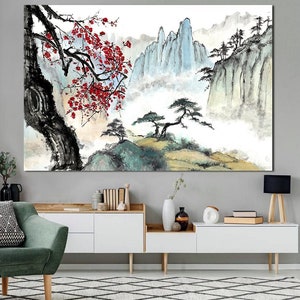 Style Japonais Toile Tableau Tableaux Soleil Chat Sakura Paysage Affiche  Noir et Rouge Murale Art Salon Decoration à la Maison Japonais Animal