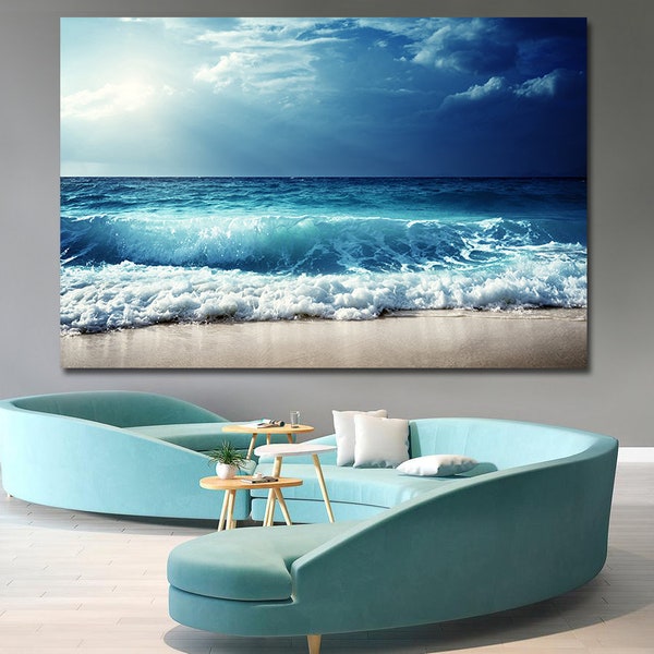 Beach canvas wall art Ocean landscape Blue Coastal print  Nautical decor