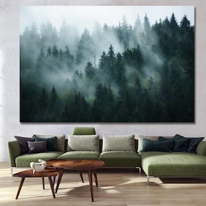 Misty forest canvas wall art Foggy Forest print Mountain art Moody forest Landscape print Above bed decor Trendy wall art