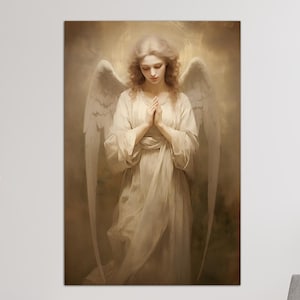Guardian angel canvas wall art Catholic wall decor Modern christian art AI art Angel painting print Beige christian wall art Housewarming gift