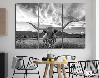Texas Longhorn canvas wall art Farmhouse decor Cow Black and white print