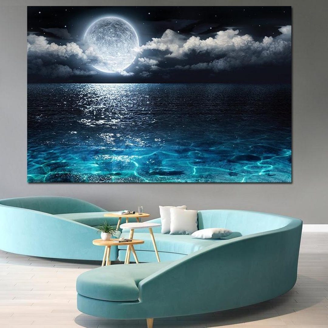 Full Moon Over Ocean Canvas Wall Art Turquoise Nautical Print Coastal ...