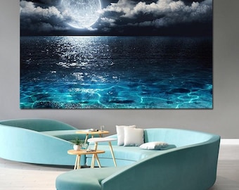 Full moon over ocean canvas wall art Turquoise nautical print Coastal decor