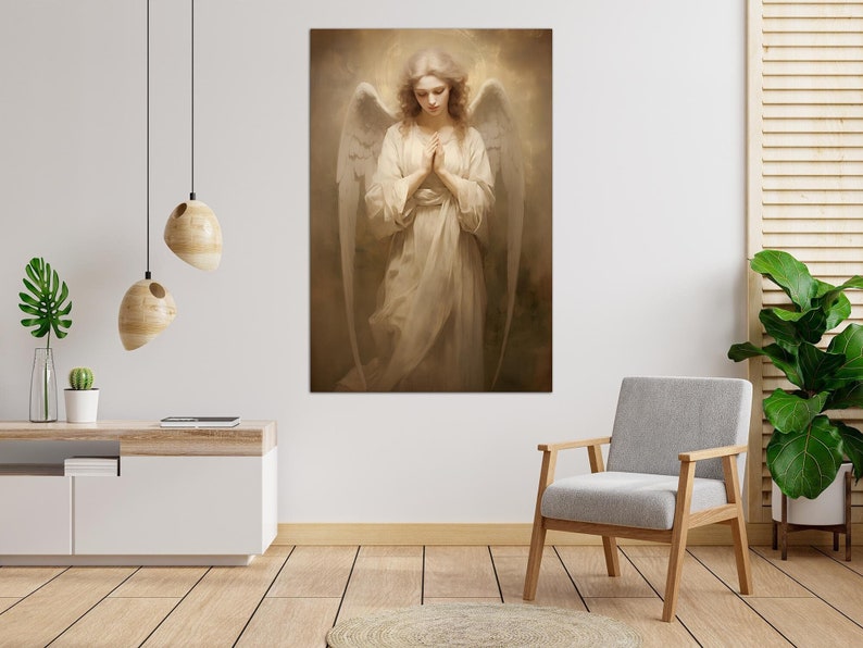 Guardian angel canvas wall art Catholic wall decor Modern christian art AI art Angel painting print Beige christian wall art Housewarming gift