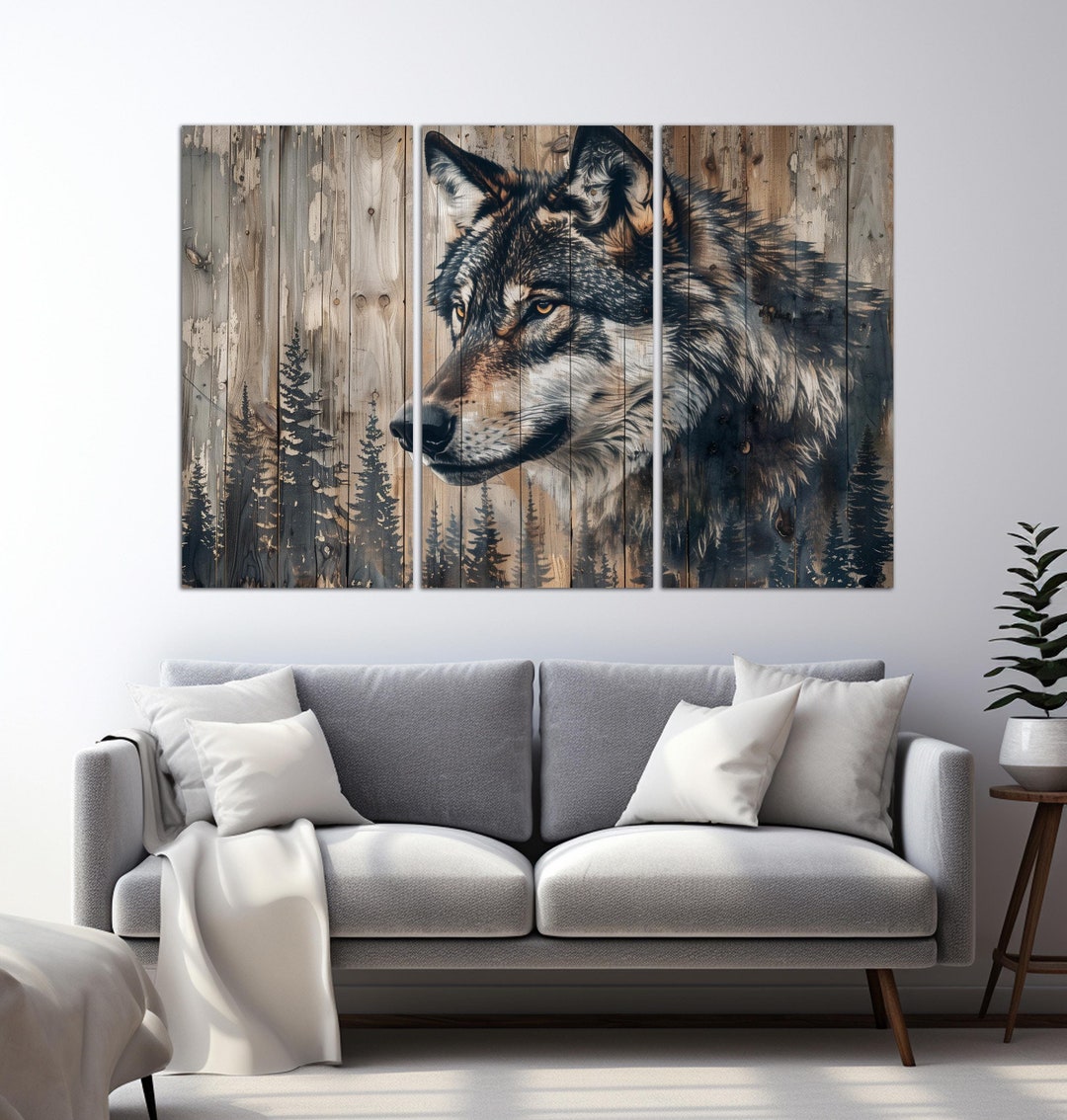 Rustic Wolf Rustic Wolf Painting Canvas Wall Art Woodland Animals Print Man Cave ...