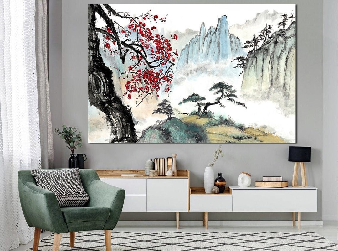 Japanese Canvas Wall Art Above Bed Decor Japandi Landscape Painting