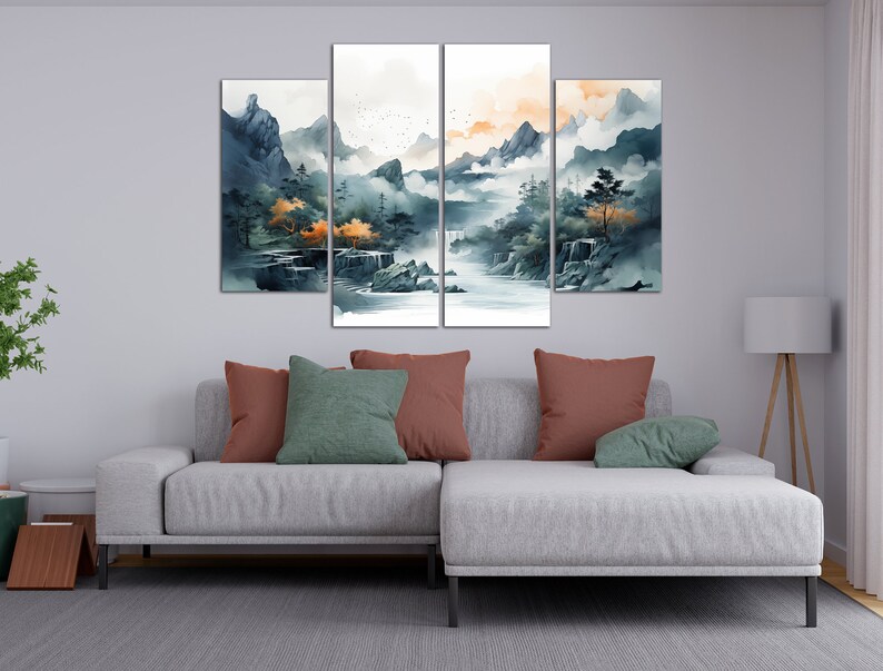 Japandi Canvas Wall Art Above Bed Decor Japanese Mountain Landscape ...