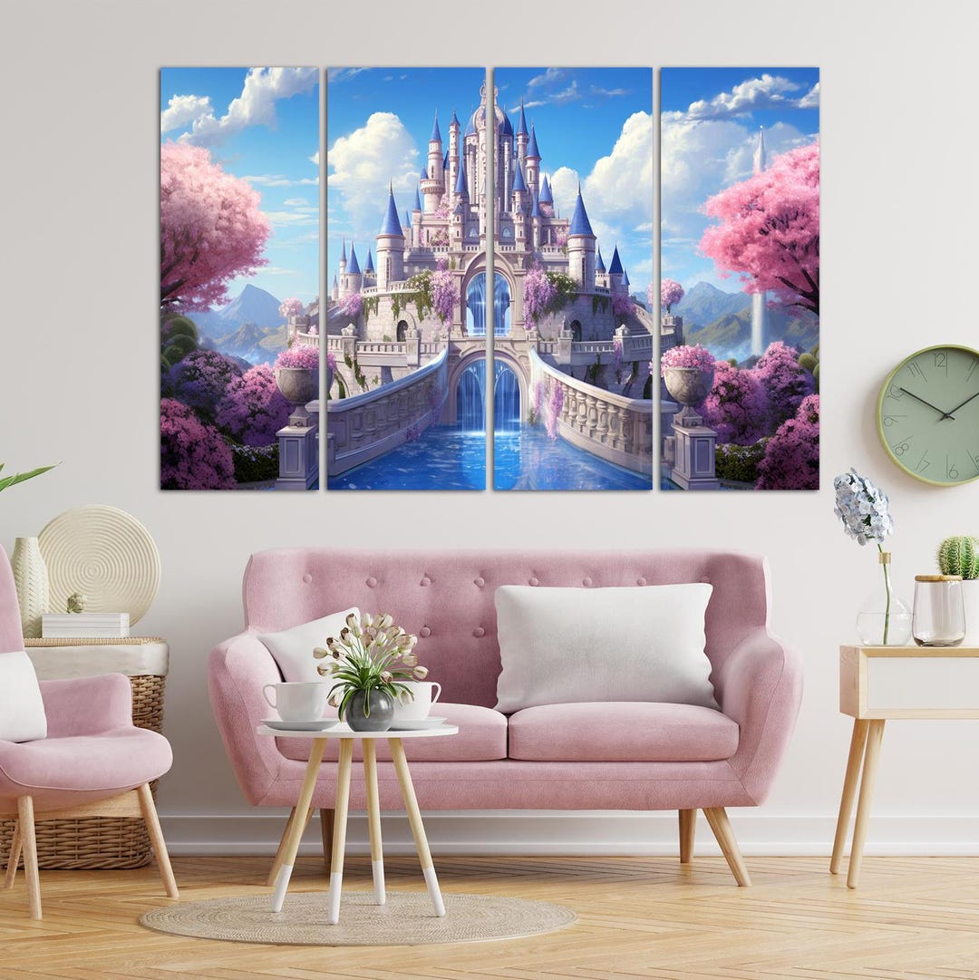 Princess Castle Canvas Wall Art Girls Room Decor Fantasy Art Blue Pink ...