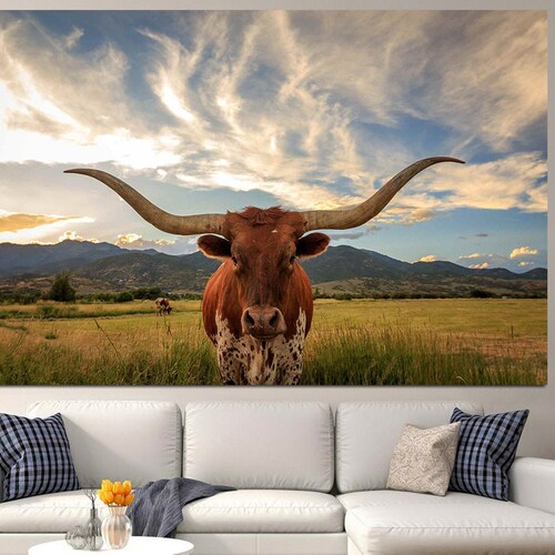 Texas Longhorn Cow Canvas Wall Art Framed Cow Print Home Etsy