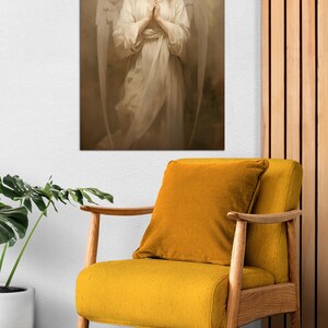Guardian angel canvas wall art Catholic wall decor Modern christian art AI art Angel painting print Beige christian wall art Housewarming gift