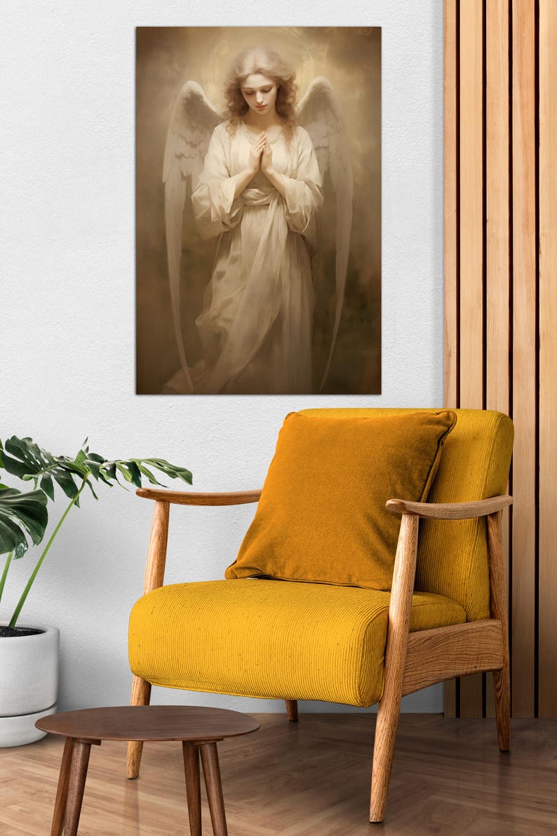 Guardian angel canvas wall art Catholic wall decor Modern christian art AI art Angel painting print Beige christian wall art Housewarming gift