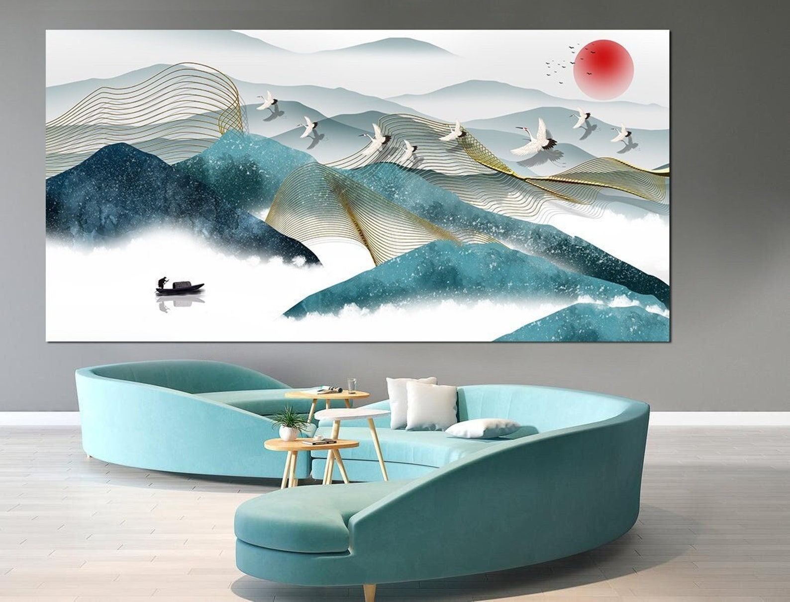 Japandi Mountain Canvas Wall Art Above Bed Decor Japanese Turquoise ...