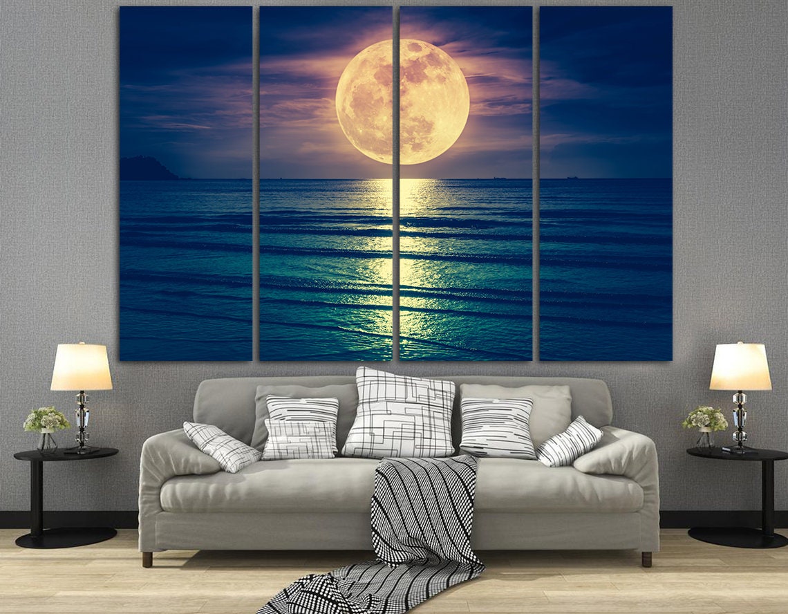 Full Moon Over Ocean Wall Art Blue Coastal Nautical Print Beach House ...