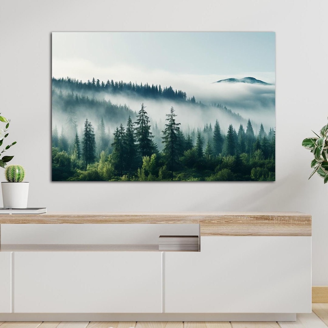 Misty Forest Canvas Wall Art Above Bed Decor Pine Trees Mountain Wall ...
