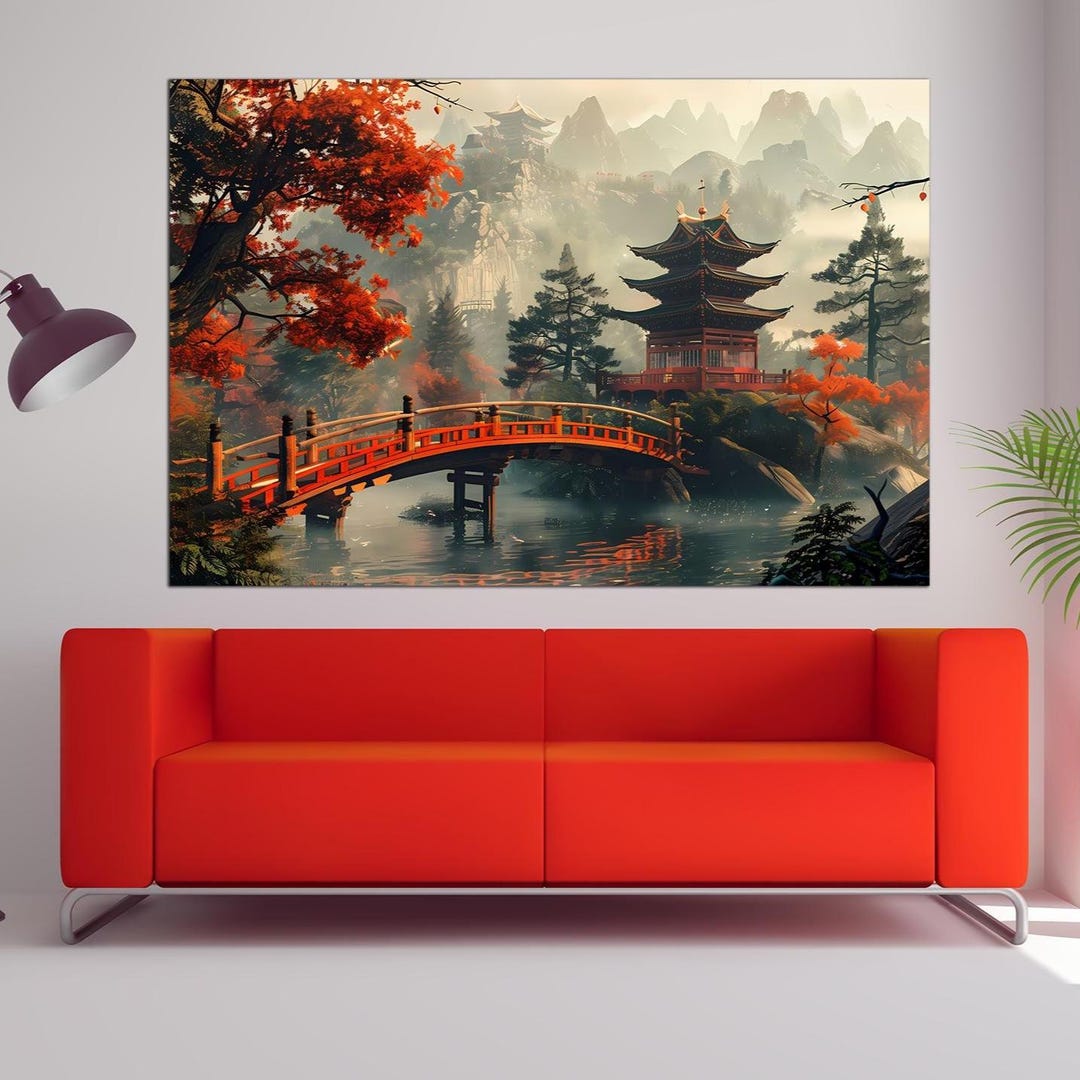 Red Japandi Canvas Wall Art Asian Decor Japandi Landscape Print ...