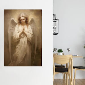 Guardian angel canvas wall art Catholic wall decor Modern christian art AI art Angel painting print Beige christian wall art Housewarming gift