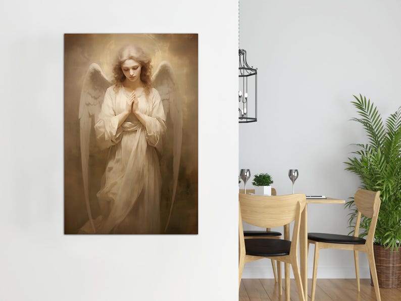 Guardian angel canvas wall art Catholic wall decor Modern christian art AI art Angel painting print Beige christian wall art Housewarming gift
