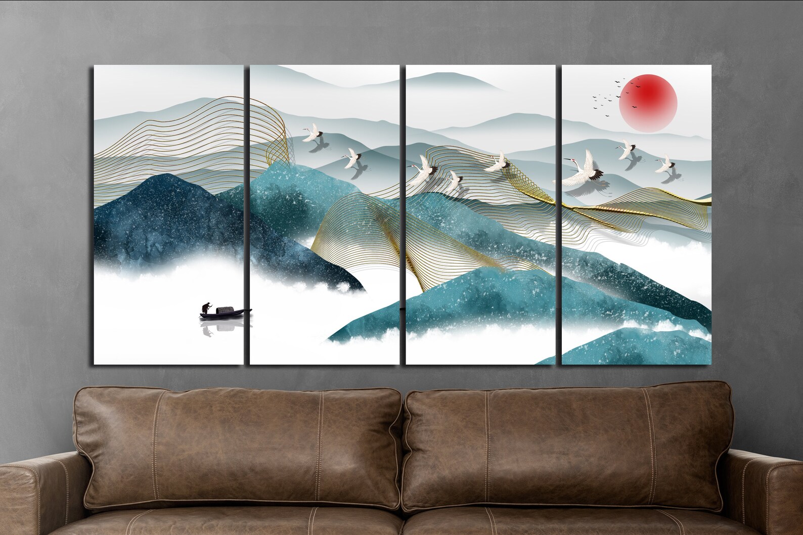 Japandi Mountain Canvas Wall Art Above Bed Decor Japanese Turquoise ...