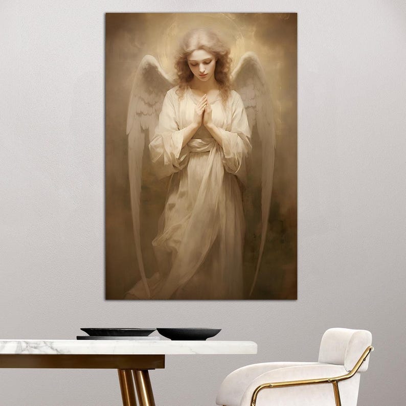 Guardian angel canvas wall art Catholic wall decor Modern christian art AI art Angel painting print Beige christian wall art Housewarming gift