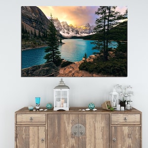 Moraine Lake canvas wall art Landscape aesthetic room decor Canada Mountain art print Panoramic wall art Coastal decor Trendy wall art
