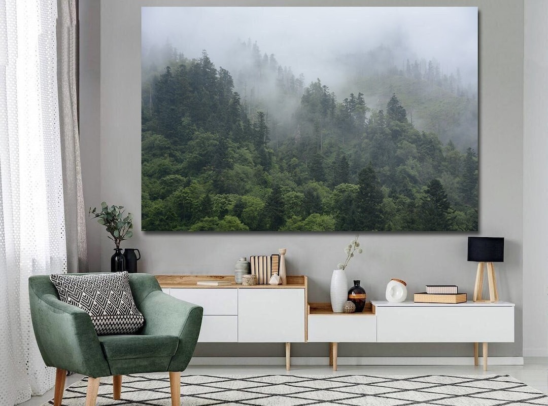 Sage Green Foggy Forest Wall Art Pine Trees in Fog Mountain Landscape ...