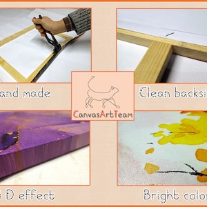 May include: Close-up of a canvas painting with bright yellow and purple colors. The canvas is stretched on a wooden frame and has a 3D effect. The back of the frame is clean and the text "Hand made" is visible.