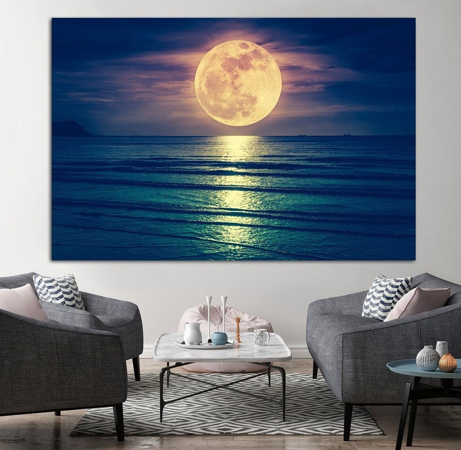 Full Moon Over Ocean Wall Art Blue Coastal Nautical Print Beach House ...
